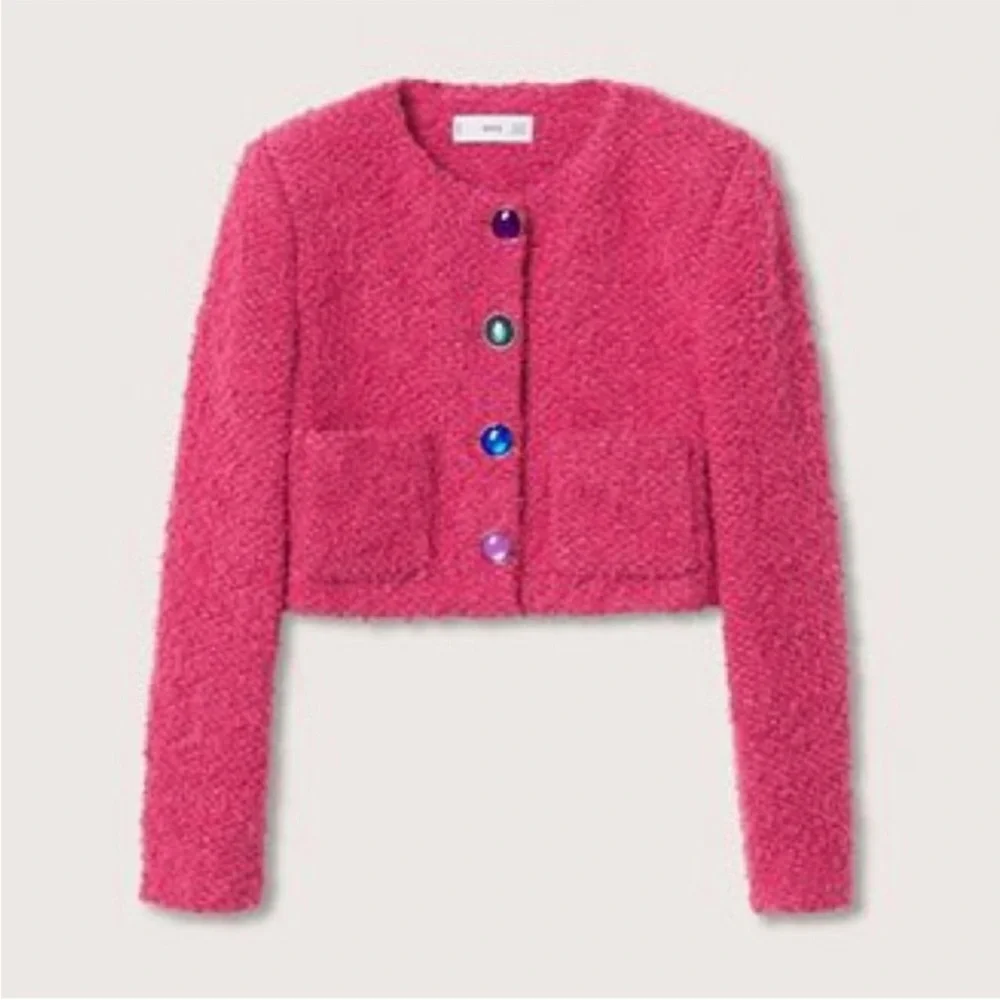 Mango Pink Tweed Jacket with Jewel Buttons, Size XS - Picture 5 of 13